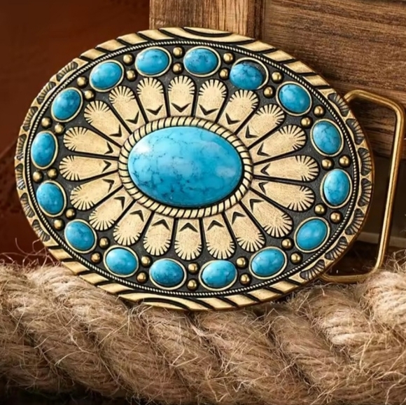 Turquoise Blue Color Accented Western Belt Buckle Silver or gold main image 5